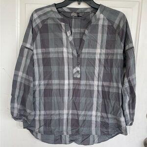 Prana Women's Tops Prana Elena Top Gray/Gravel Plaid Raglan 3/4 Sleeve Size S